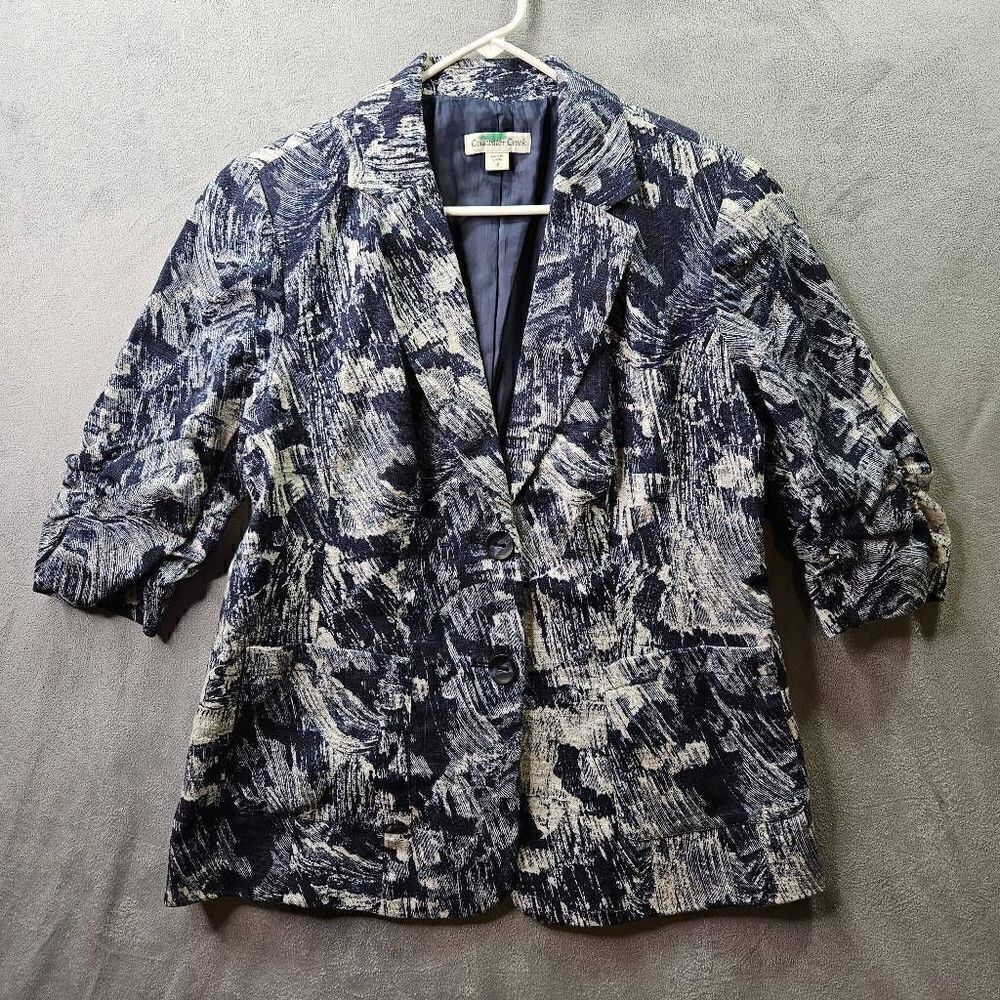 Coldwater Creek Blazer Womens Sz 10 Blue Abstract Print Linen 3/4 Sleeve